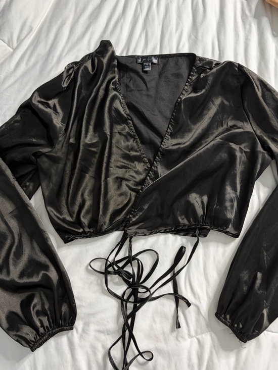 J for Justify Tops - Black Satin Wrap Crop Top